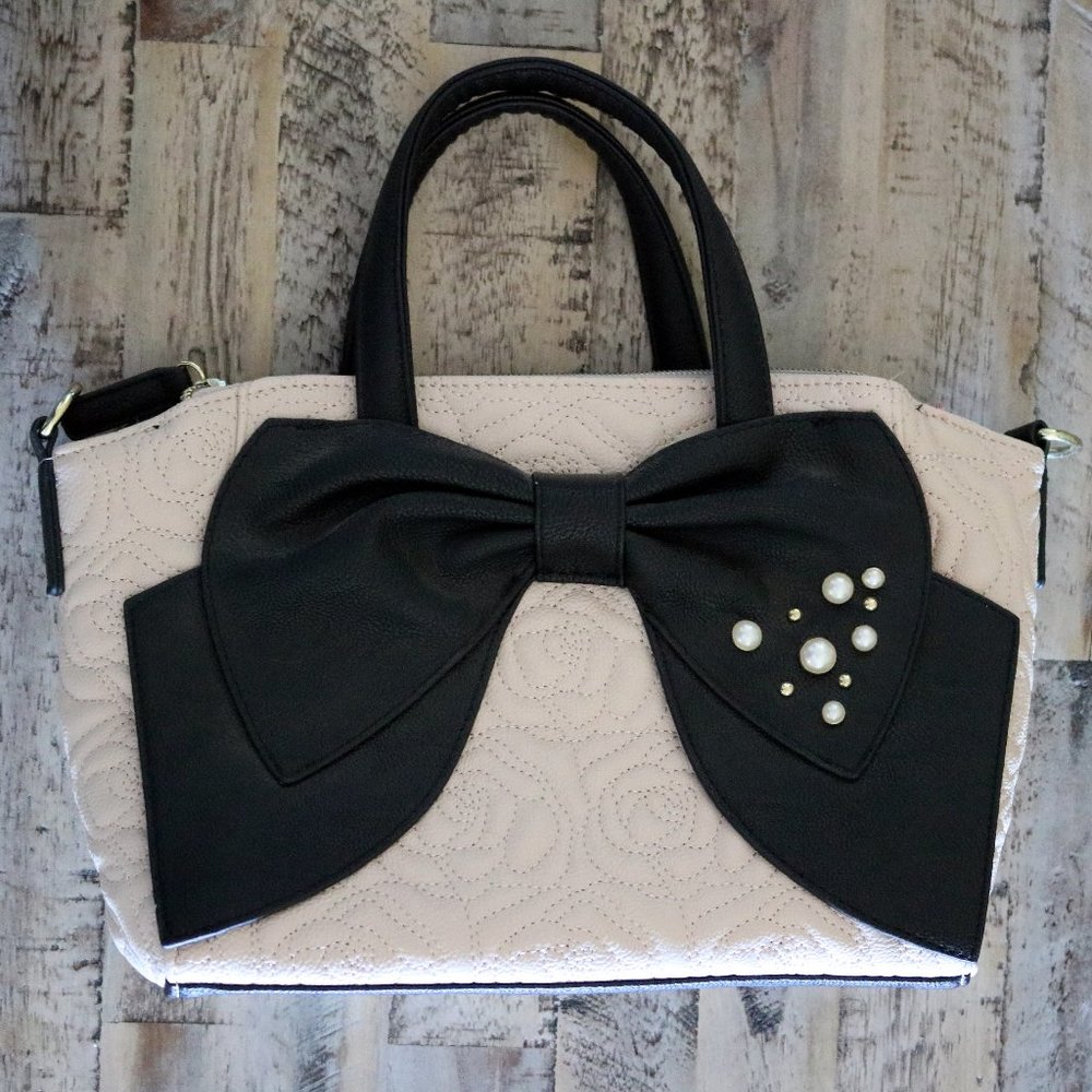 Cream Rose Satchel with Black Bow & Accents